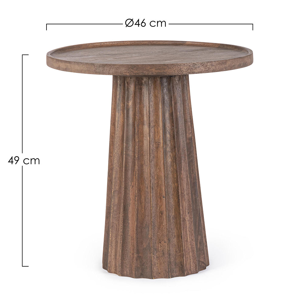 Mangófából készült, barna színű, kerek formájú dizájn kisasztalasztal.