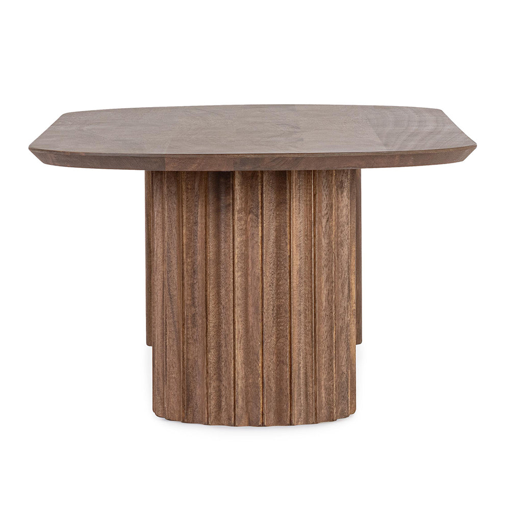 Mangófából készült, barna színű, formatervezett dizájn dohányzóasztal.