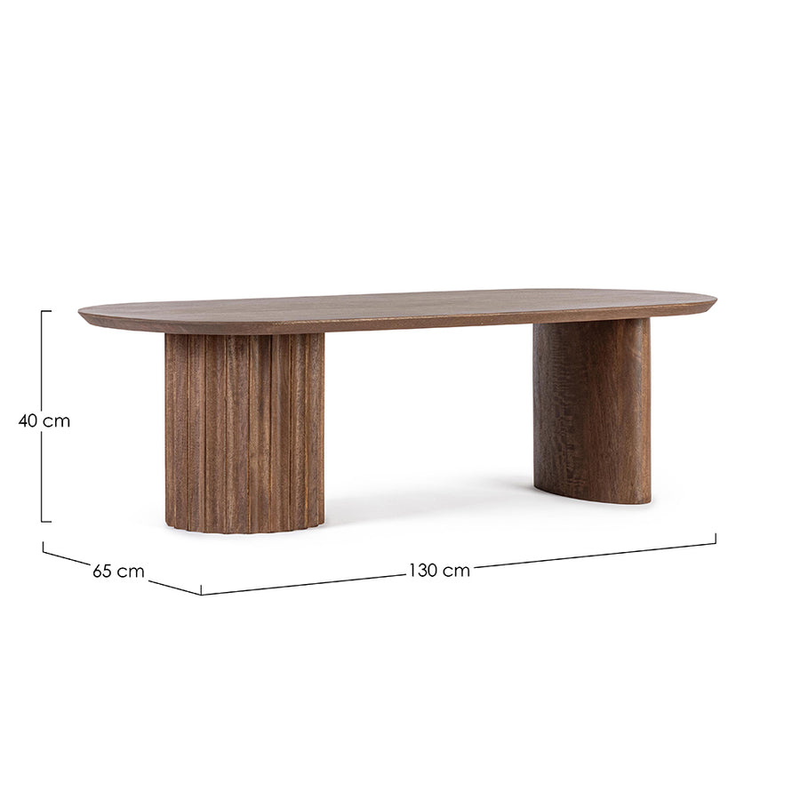 Mangófából készült, barna színű, formatervezett dizájn dohányzóasztal.