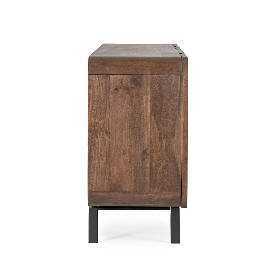 Mangófából készült, 4 ajtós, barna színű desing tálalószekrény.