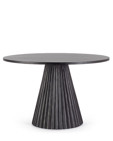 Mangófából készült, fekete színű, kerek formájú dizájn étkezőasztal.