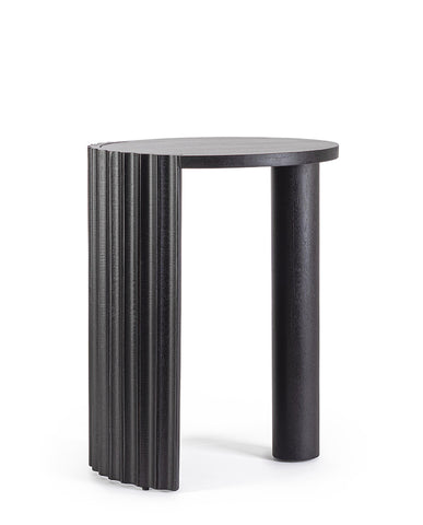 Mangófából készült, fekete színű, kerek formájú dizájn kisasztal .