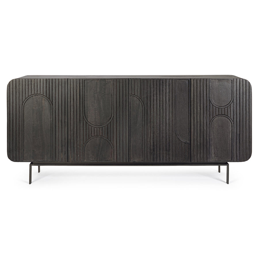 Mangófából készült, 4 ajtós, fekete színű desing tálalószekrény.