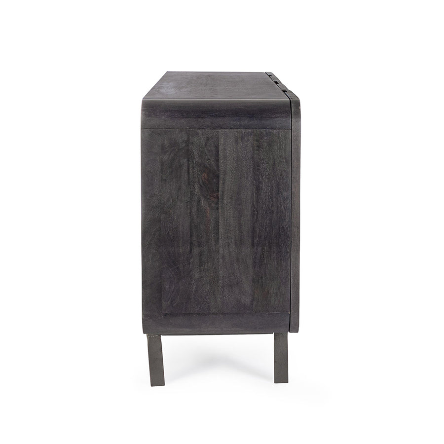 Mangófából készült, 4 ajtós, fekete színű desing tálalószekrény.