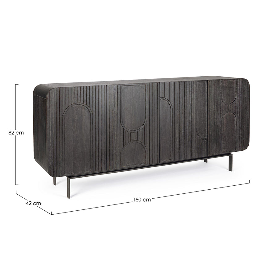 Mangófából készült, 4 ajtós, fekete színű desing tálalószekrény.