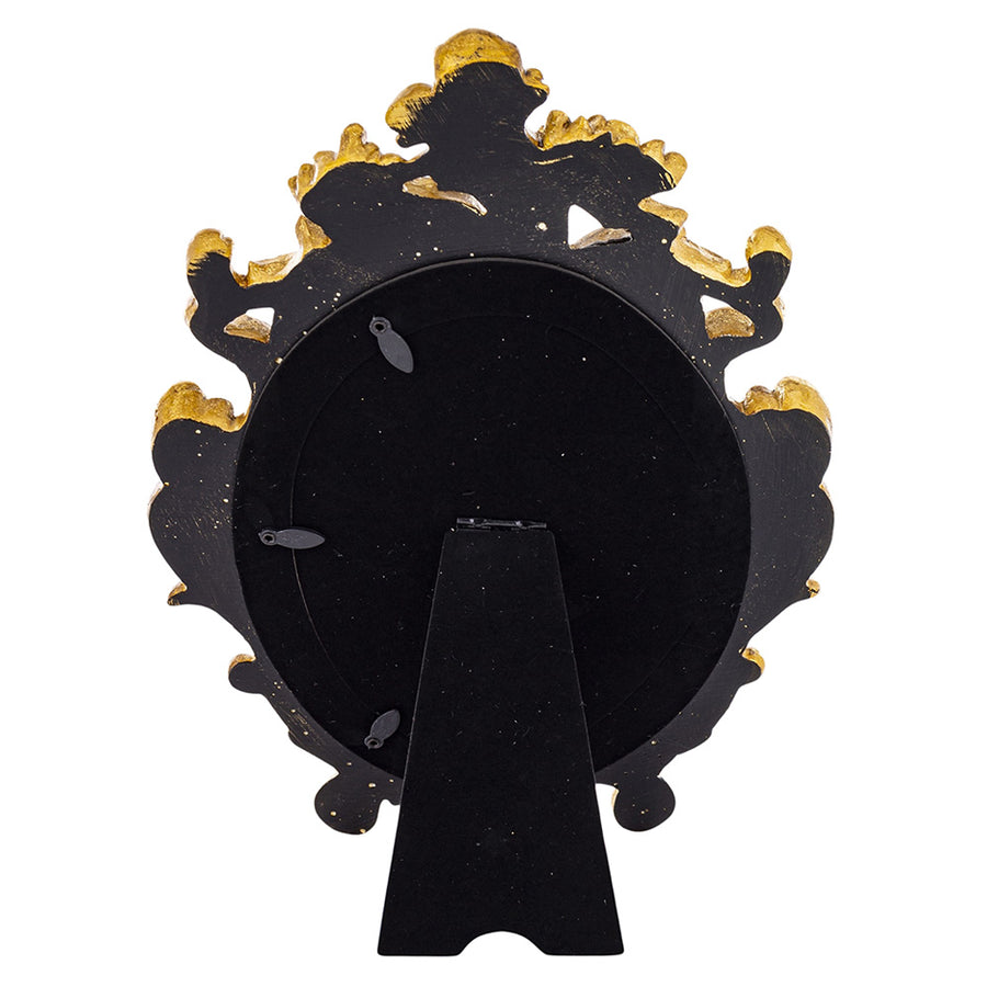 Barokkos levéldíszekkel díszített, antikot felületű, aranyszínű asztali fényképtartó képkeret.