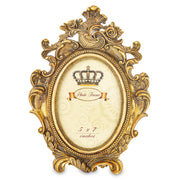 Barokkos levéldíszekkel díszített, antikot felületű, aranyszínű asztali fényképtartó képkeret.