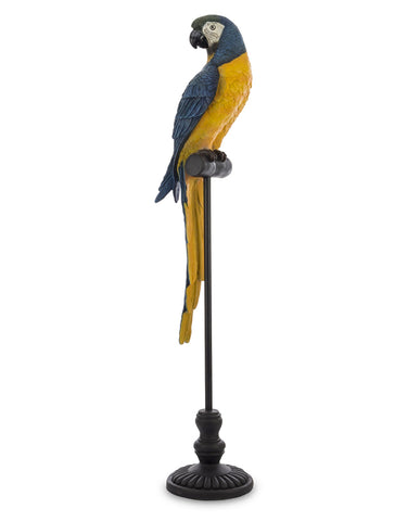 Sárga és kék színű, dekoratív papagáj figura.