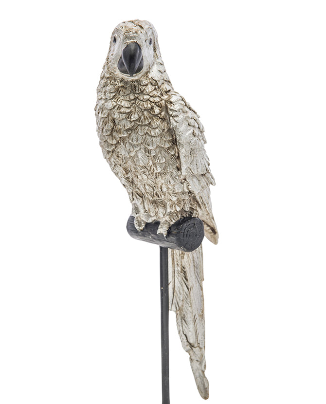 Ezüstszínű, dekoratív papagáj figura.