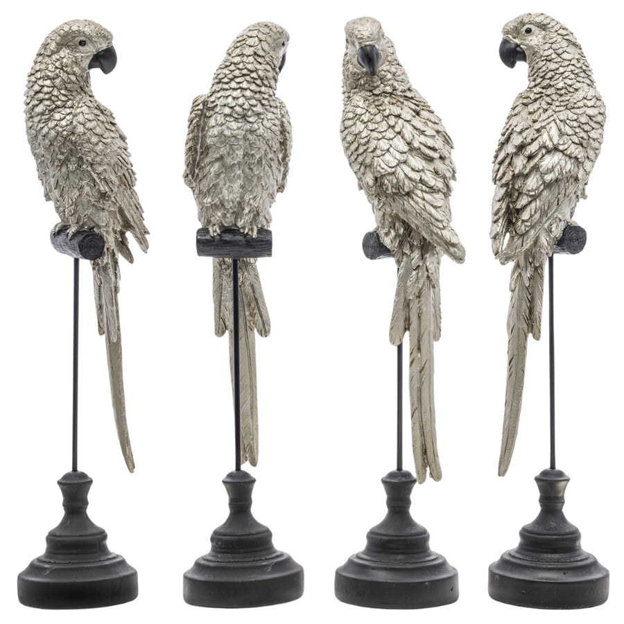 Ezüstszínű, dekoratív papagáj figura.