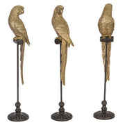 Matt aranyszínű, dekoratív papagáj figura.