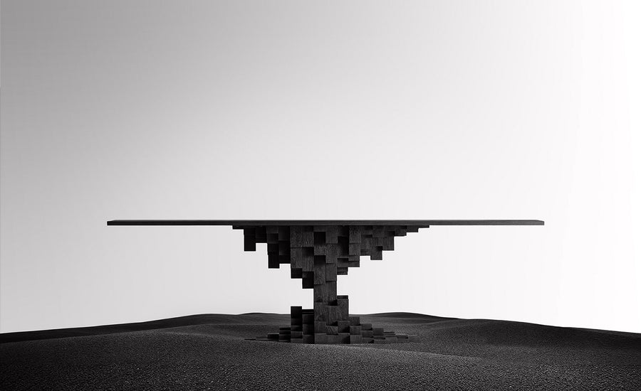 monumentális fekete étkezőasztal modern minimal enteriőrben