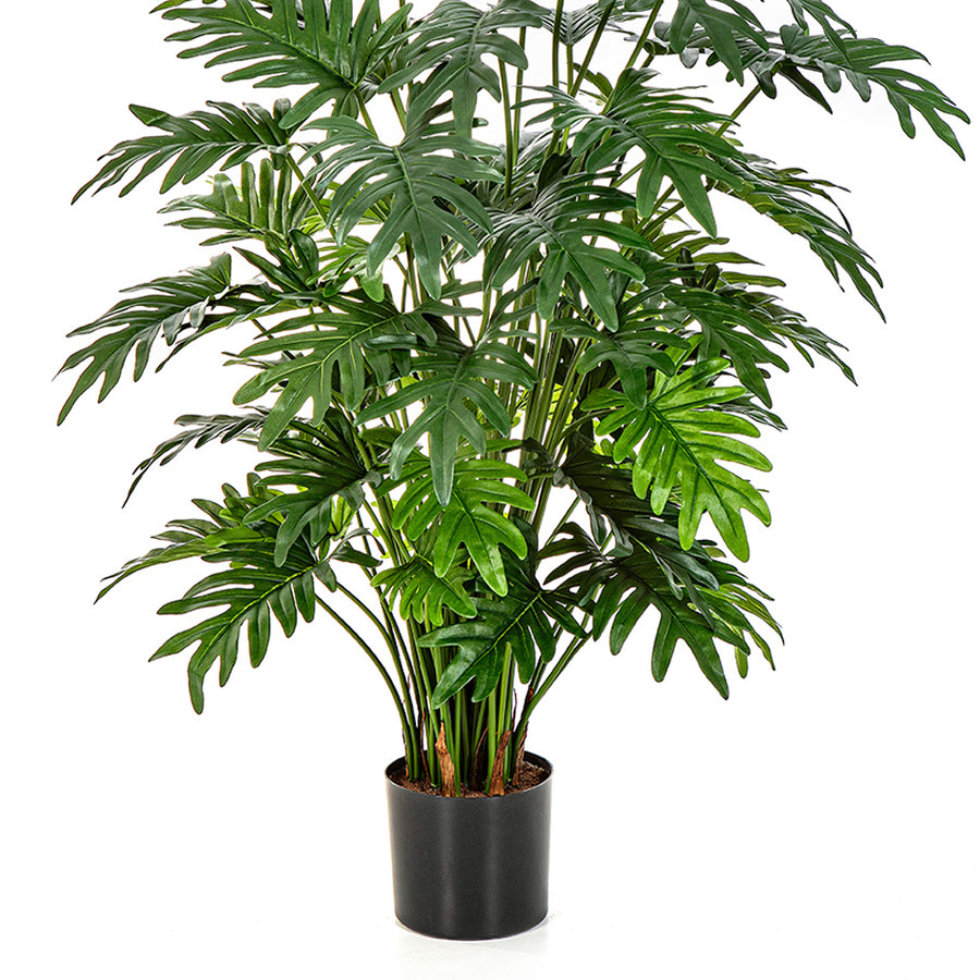 Philodendron műnövény alsó része fekete kaspóban, természetes hatású levelekkel