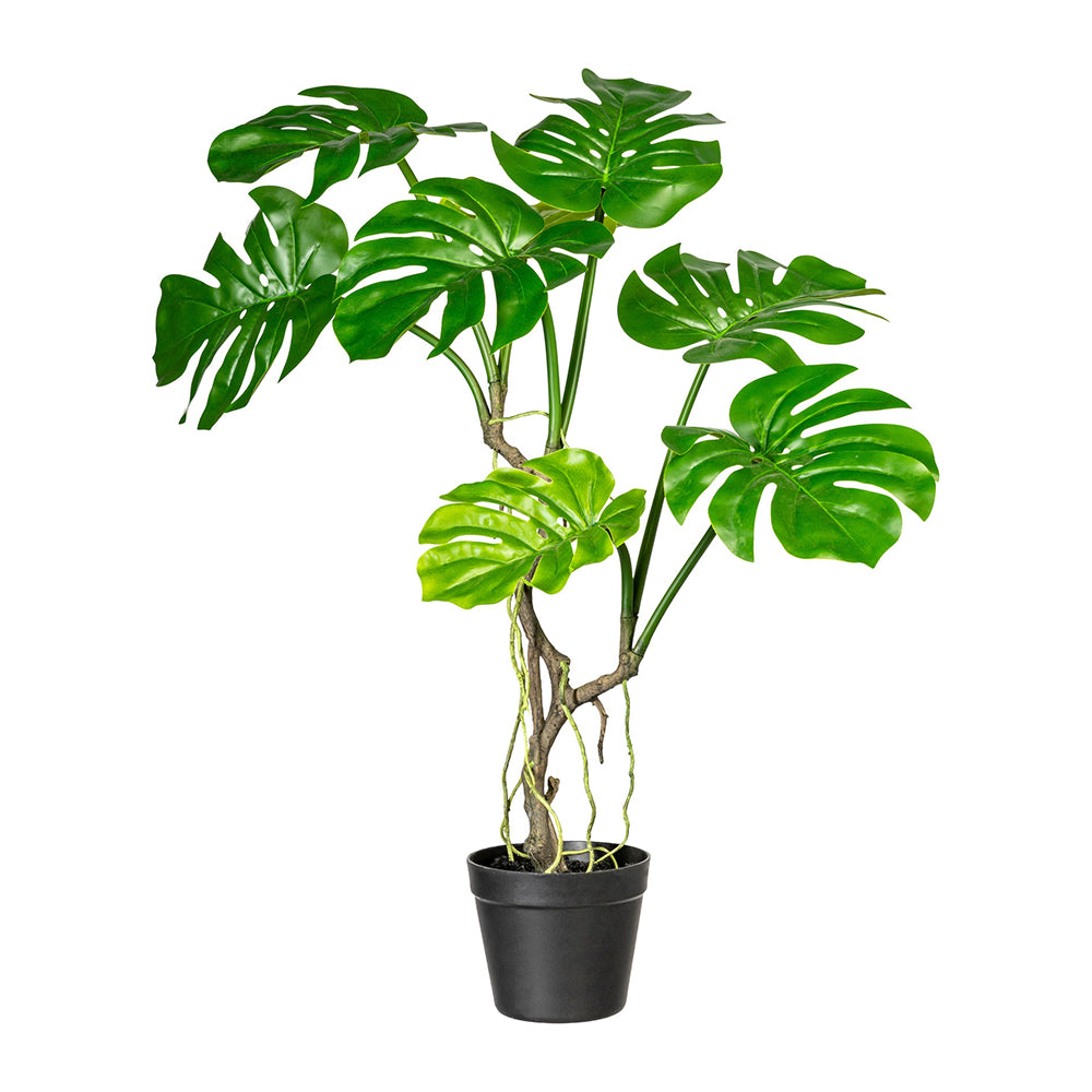 75 cm magas mű filodendron fekete cserépben, élethű levelekkel és törzzsel.