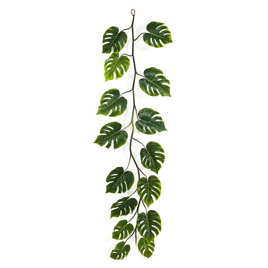 Philodendron zöld mű filodendron girland teljes hosszában, 15 szeldelt levéllel, vékony zöld szárral és felső akasztóhurokkal, 230 cm.