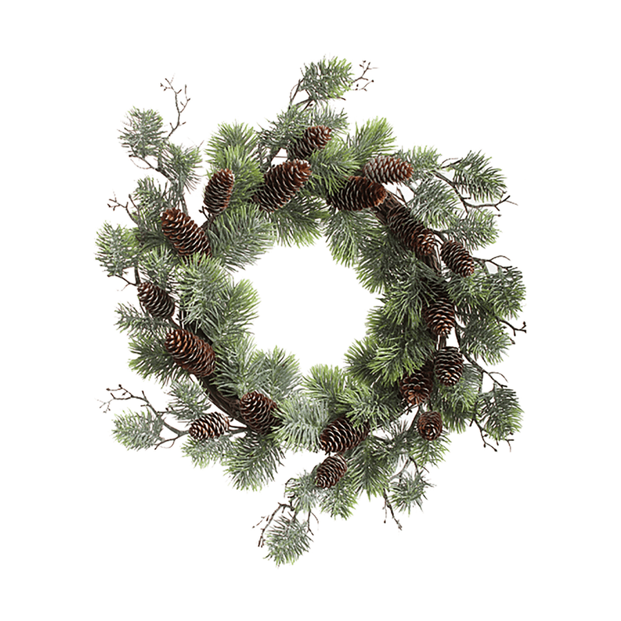 Deres felületű, tobozokkal díszített, mű feketefenyő koszorú.