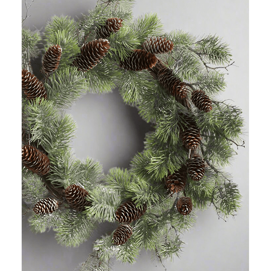 Deres felületű, tobozokkal díszített, mű feketefenyő koszorú.