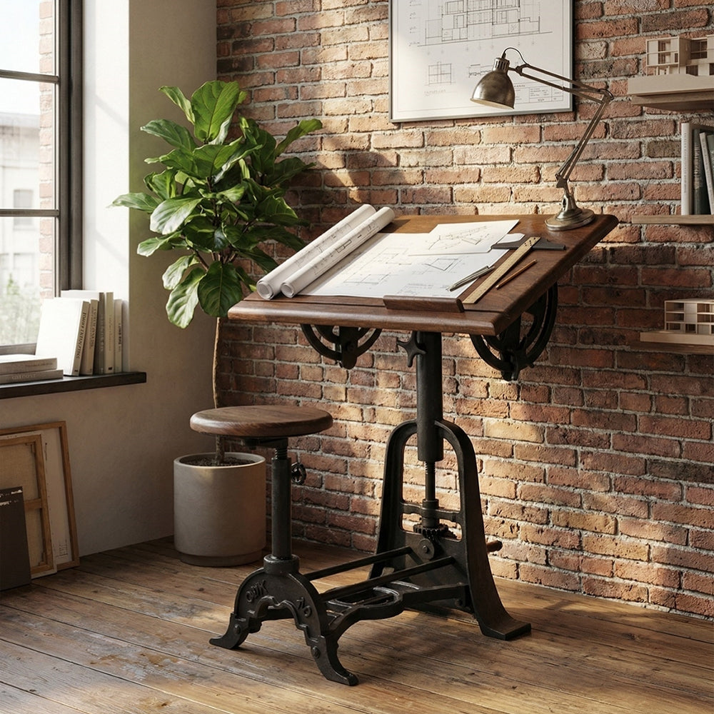 PIPA állítható magasságú mangófa tervezőasztal ülőkével loft stílusú enteriőrben, döntött asztallappal