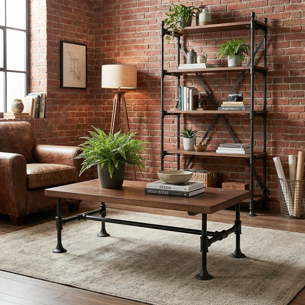 PIPA mangófa dohányzóasztal loft nappaliban, ipari stílusú berendezéssel