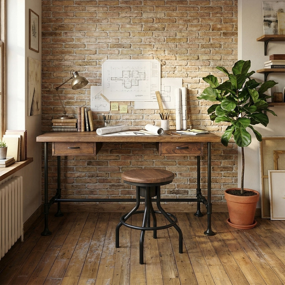 PIPA mangófa íróasztal loft stílusú dolgozószobában, természetes fa és fém kombinációval