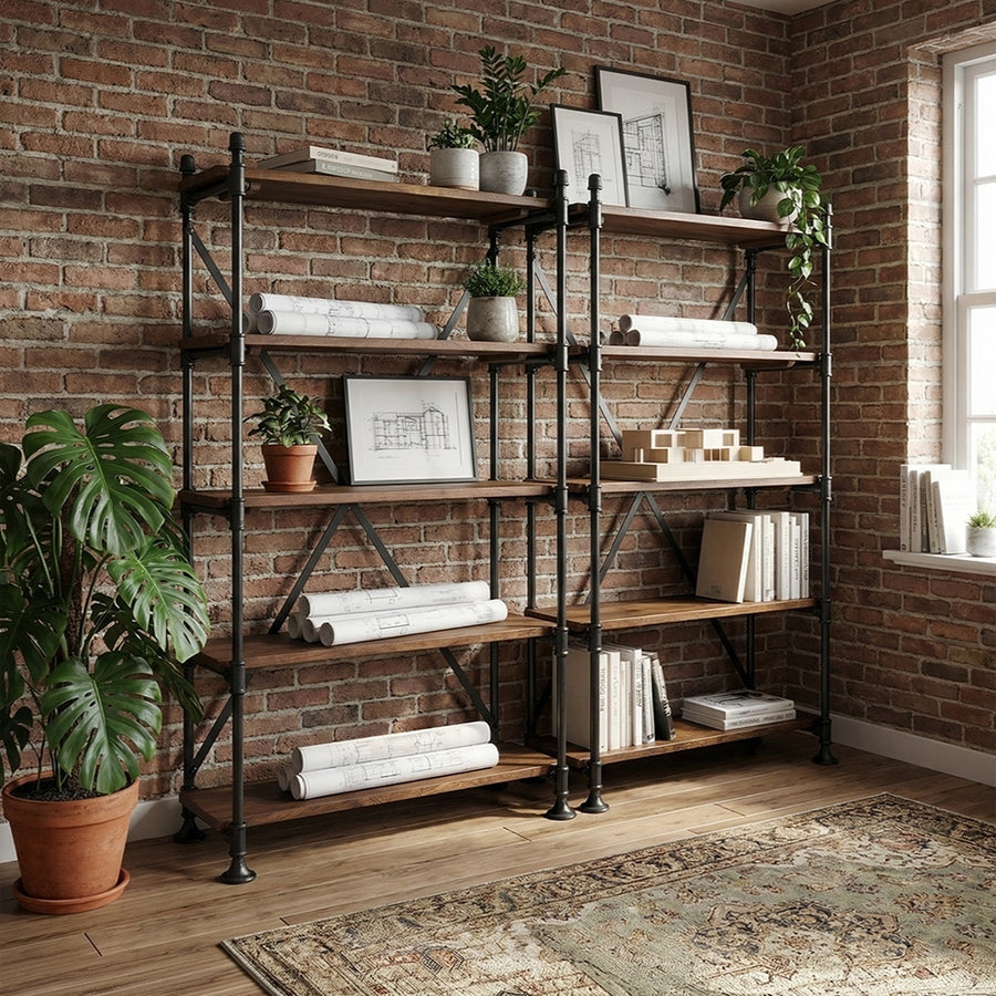 PIPA mangófa polcrendszer loft enteriőrben, könyvekkel és dekorációval