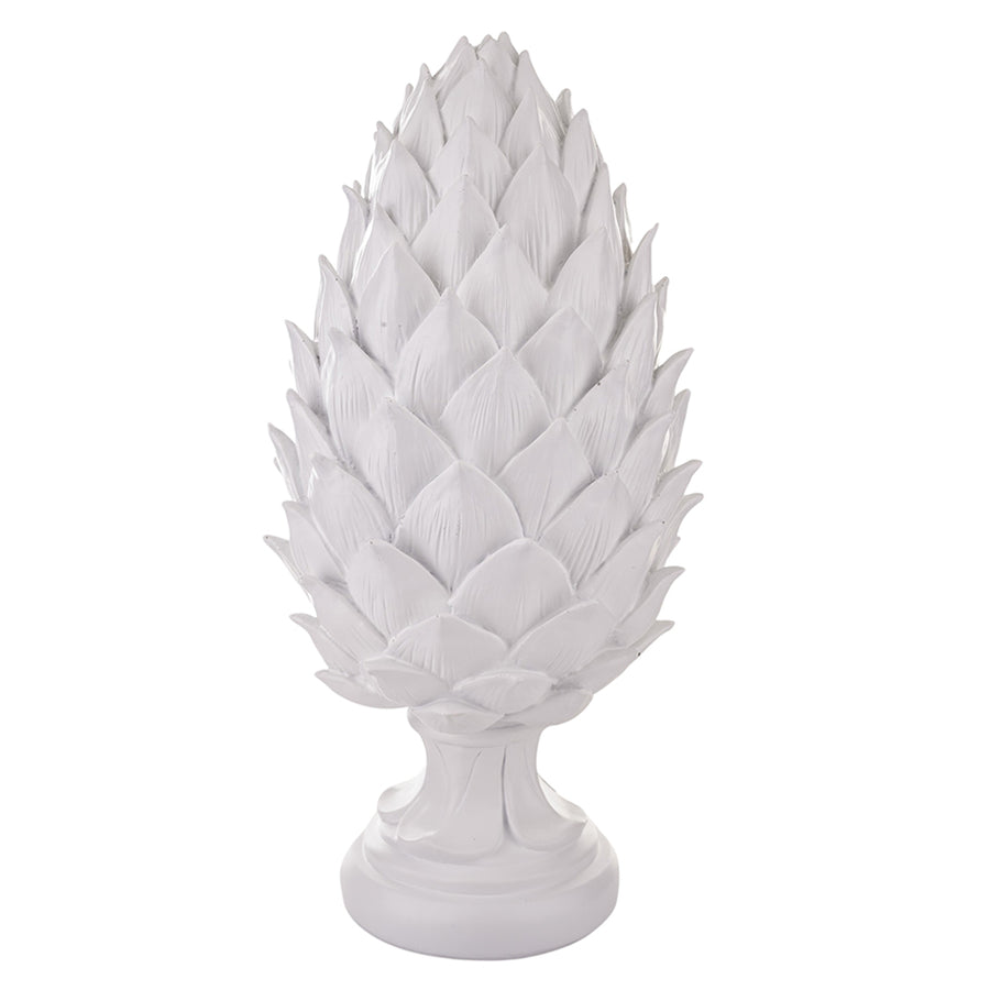 Fehér színű, dekoratív toboz dísz.