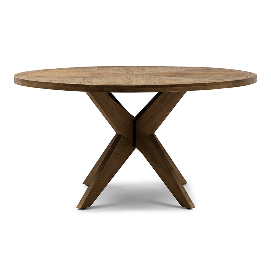 PORTLAND kerek tölgyfa étkezőasztal 150 cm X alakú központi lábbal, fehér háttéren