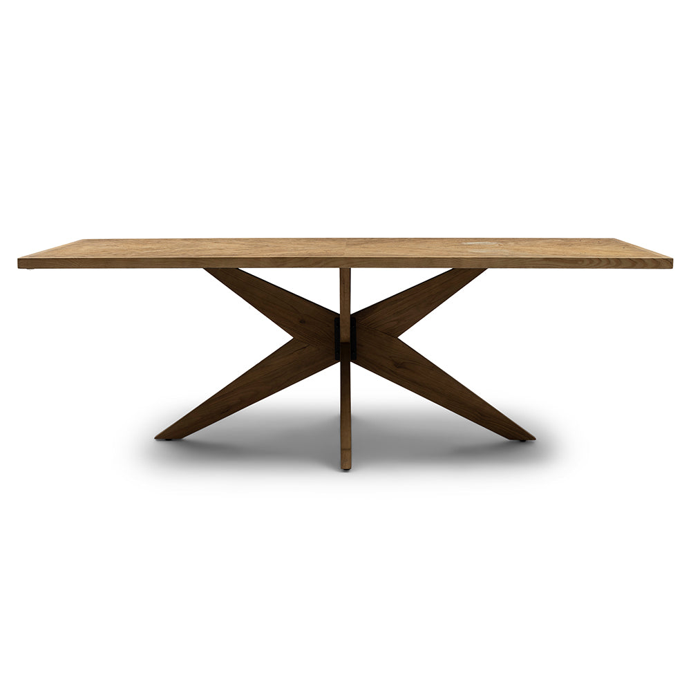 Portland tölgyfa étkezőasztal 230 cm teljes nézet, parketta mintás asztallappal és X alakú lábszerkezettel