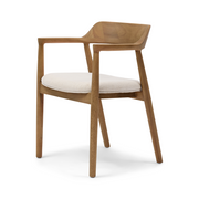 Tömör tölgyfa étkezőszék karfával oldalnézetből világos kárpitozással