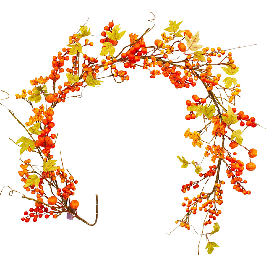 Őszi hangulatú, 150 cm hosszú mű berkenye girland dísztökkel és falevelekkel.