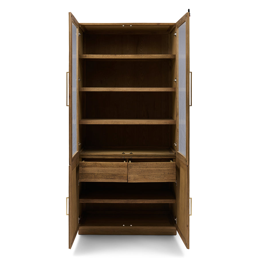 Vitrines szekrény nyitott ajtókkal polcokkal és fiókokkal