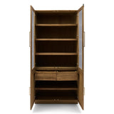 Vitrines szekrény nyitott ajtókkal polcokkal és fiókokkal