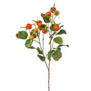 Rosa Canina narancssárga mű csipkebogyó ág 58 cm magas, élethű termésekkel és hervadó levelekkel, Berry kollekció