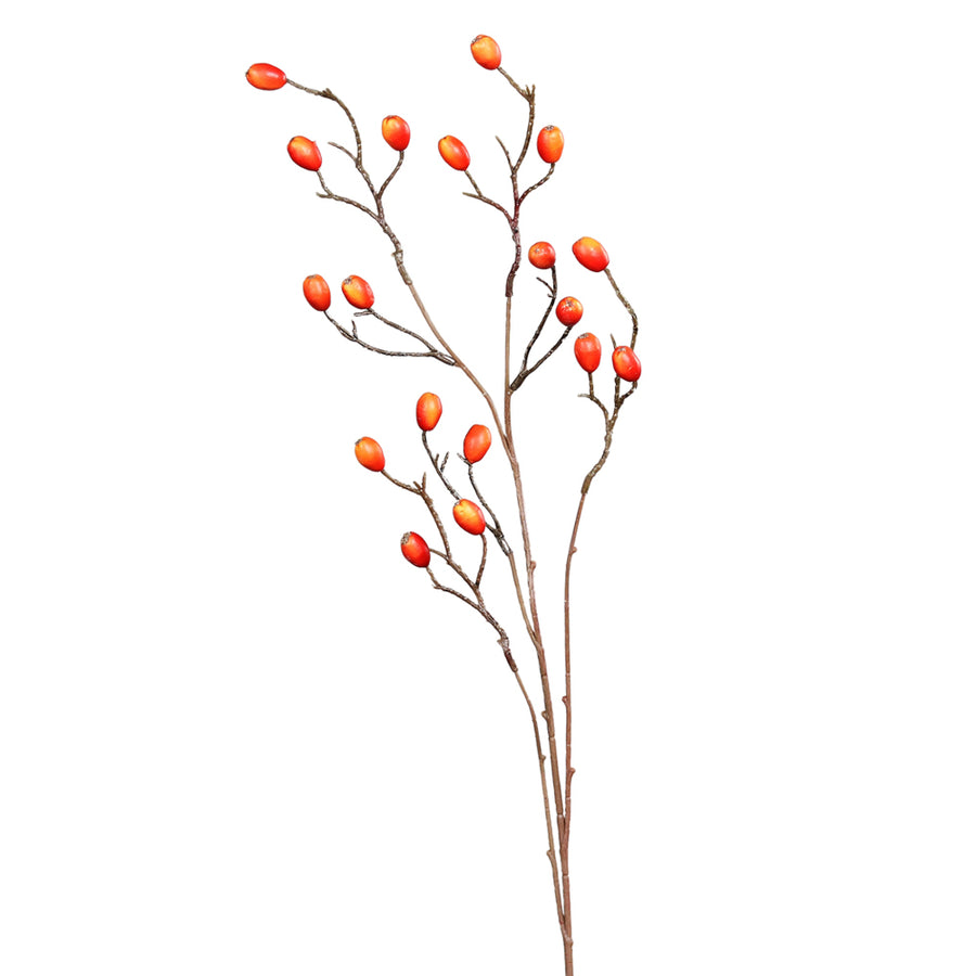 Rosa Canina narancssárga mű csipkebogyó ág 83 cm magas, kiszáradt hatású ággal és realisztikus bogyókkal, Berry kollekció