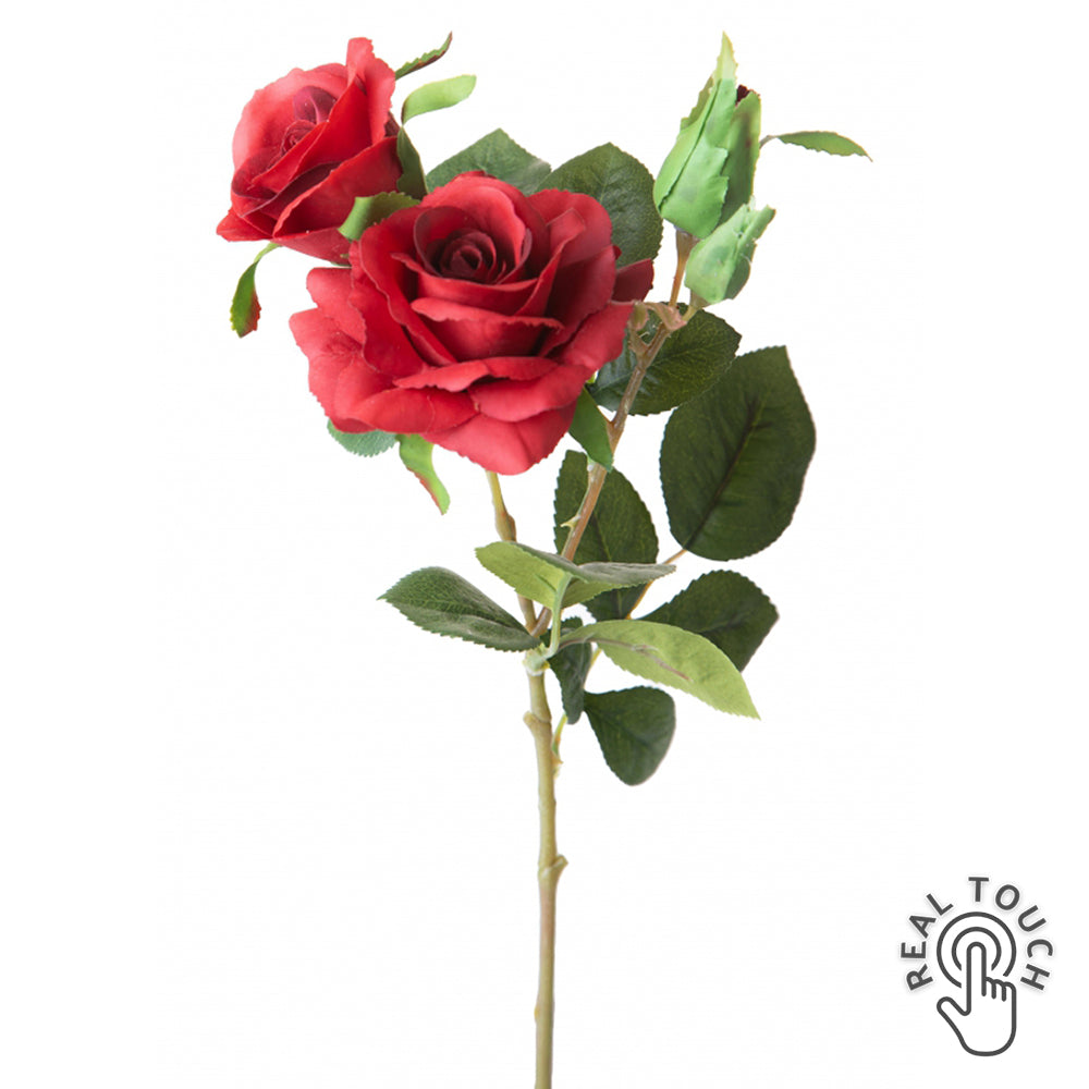ROSE bordó Real Touch mű rózsa dekorációs virág 38 cm, élethű nyílt és bimbós rózsafejekkel