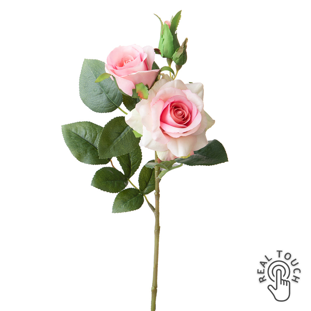 ROSE halvány pink Real Touch mű rózsa dekorációs virág 38 cm, élethű nyílt és bimbós rózsafejekkel