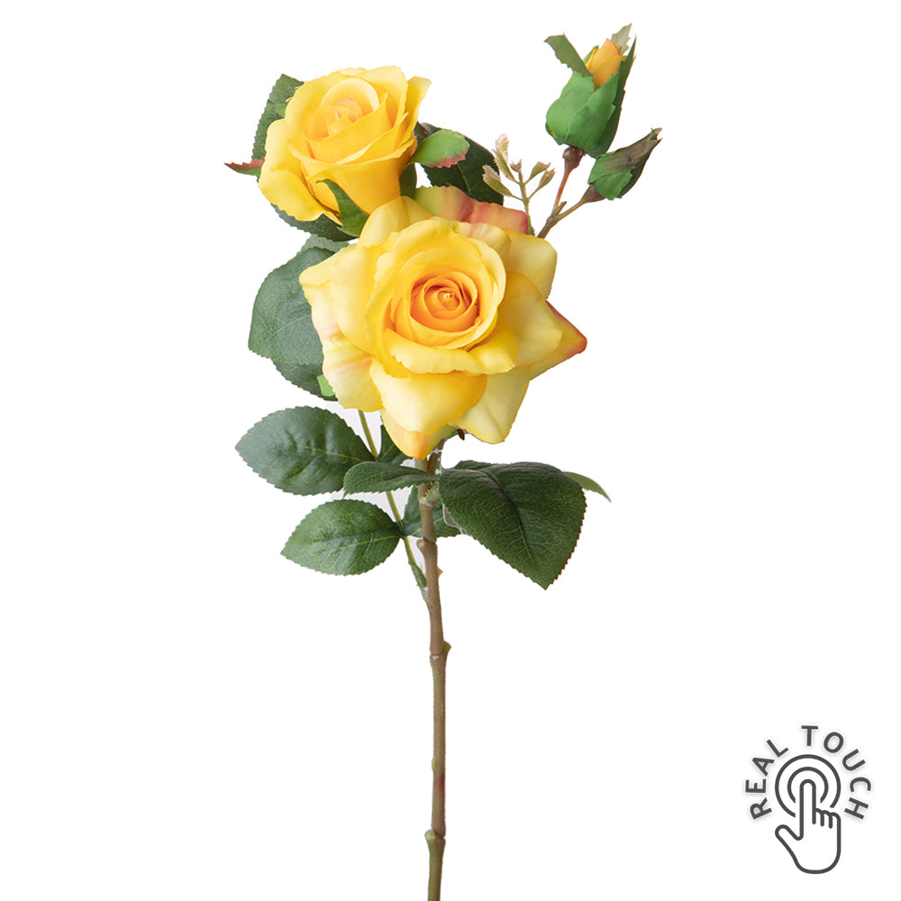 ROSE sárga Real Touch mű rózsa dekorációs virág 38 cm, élethű nyílt és bimbós rózsafejekkel