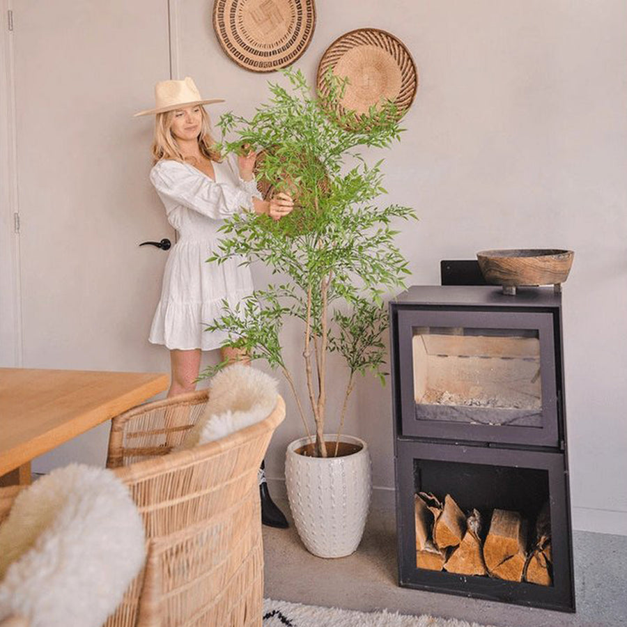 Mű ruszkusz cserje fehér kaspóban, modern nappali enteriőrben kandalló mellett.