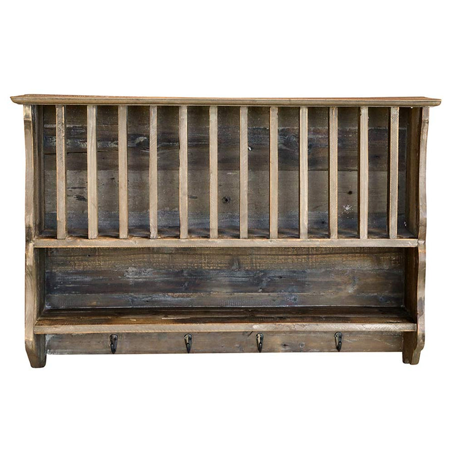 Fogasokkal felszerelt, kézműves konyhai tányértartó fali polc.