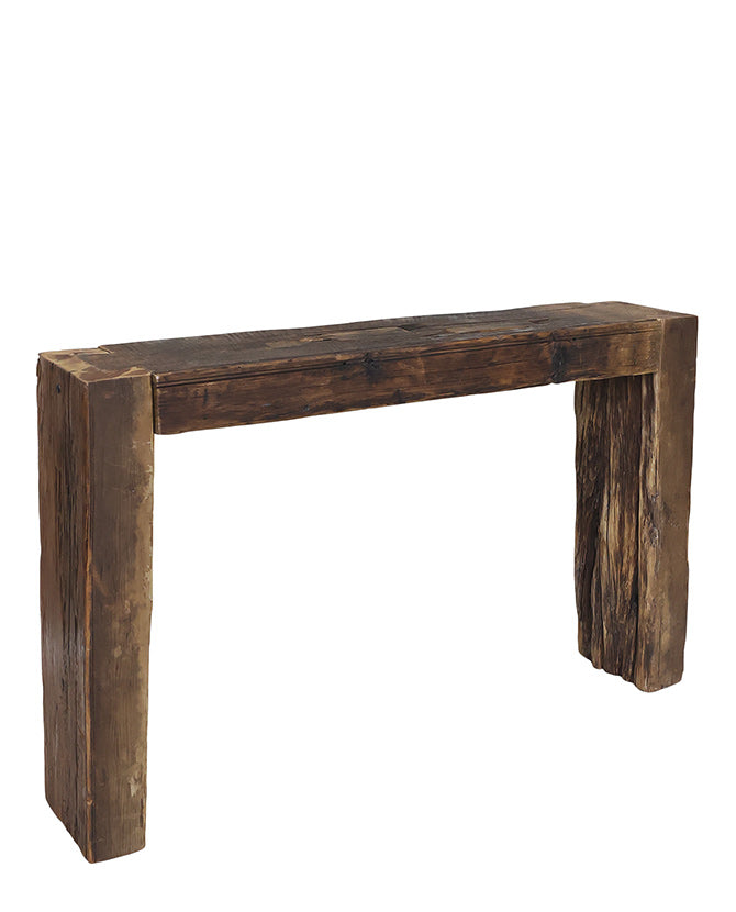 Újrahasznosított régi fából készült, kézműves konzolasztal.