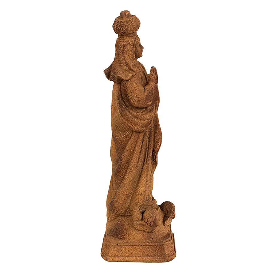 Rozsdabarna színű, antikolt felületű Madonna figura.