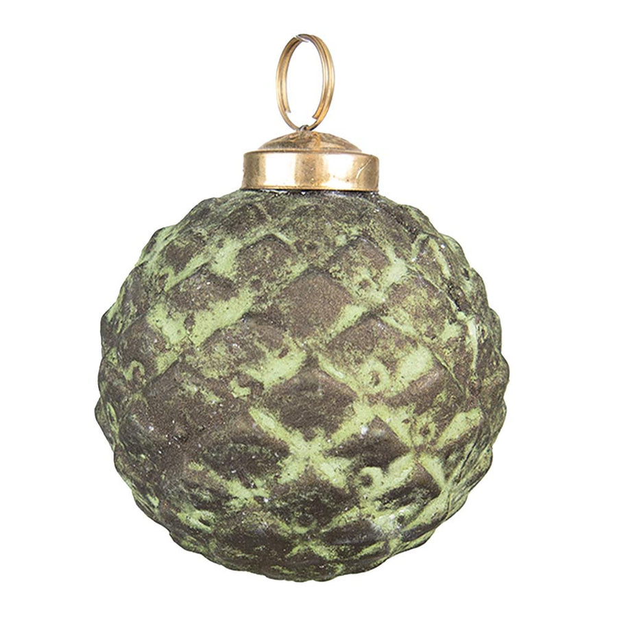 Patinás zöld színű, vintage megjelenésű üveg karácsonyfadísz.