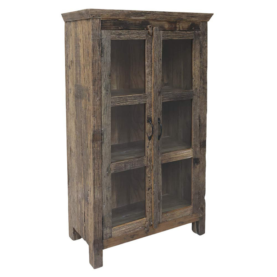 Újrahasznosított régi fából készült, kézműves vitrines szekrény.