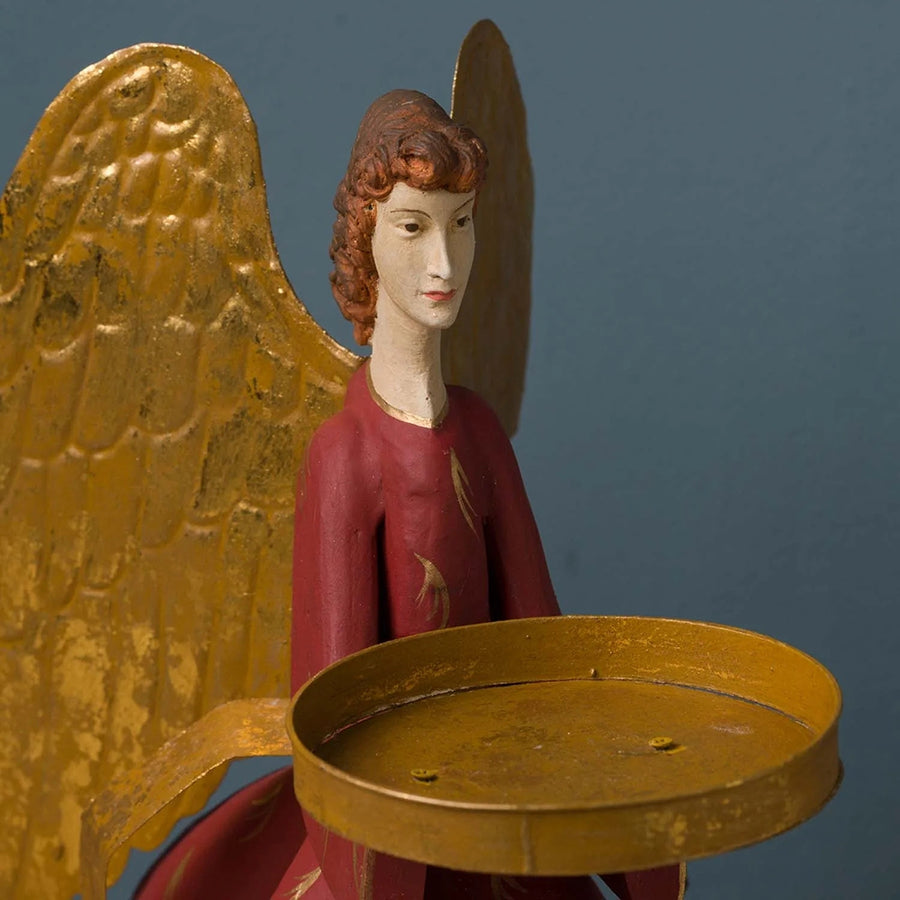 Avignoni stílusú bordó angyal figura aranyszárnyakkal, gyertyatartó részlettel