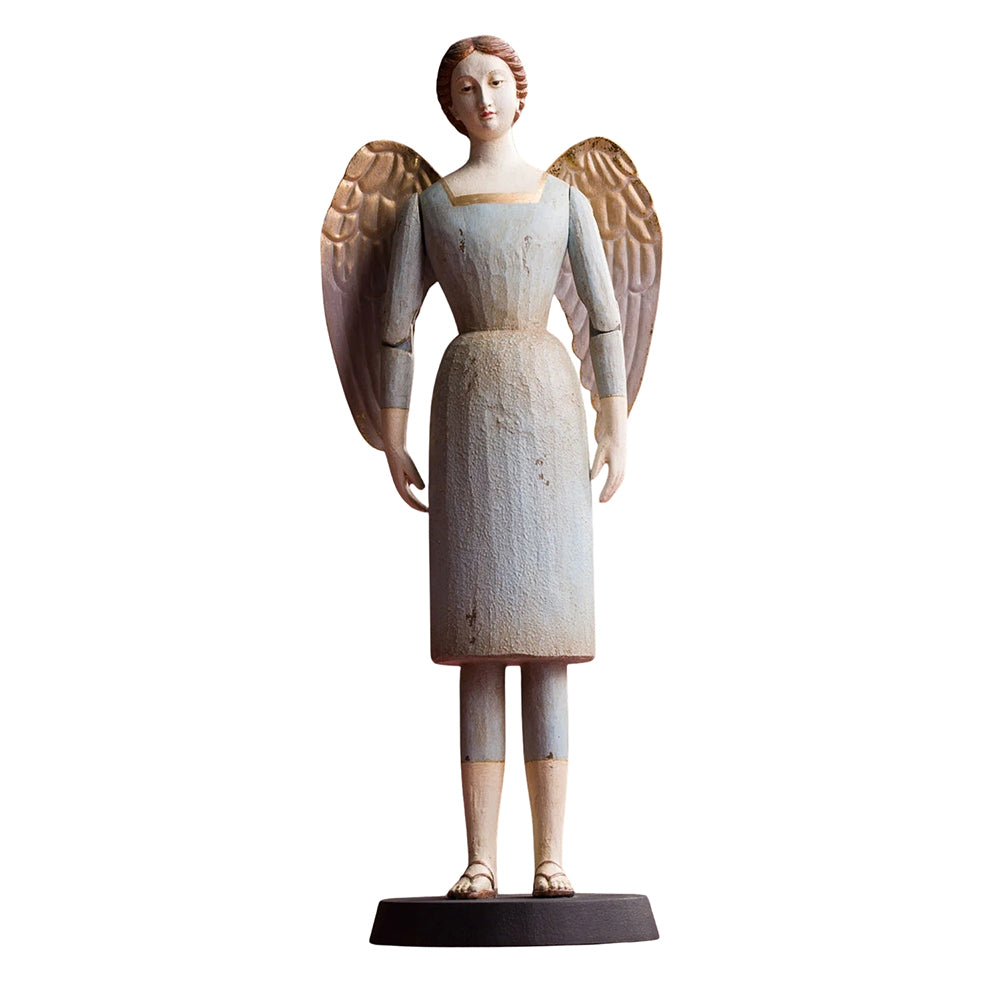 SACRED világoskék angyal figura 40 cm, klasszikus formavilágú, kézzel festett, mozgatható karokkal