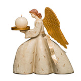 Krém színű avignoni angyal figura gyertyatartó arany szárnyakkal és gömb gyertyával, oldalnézet