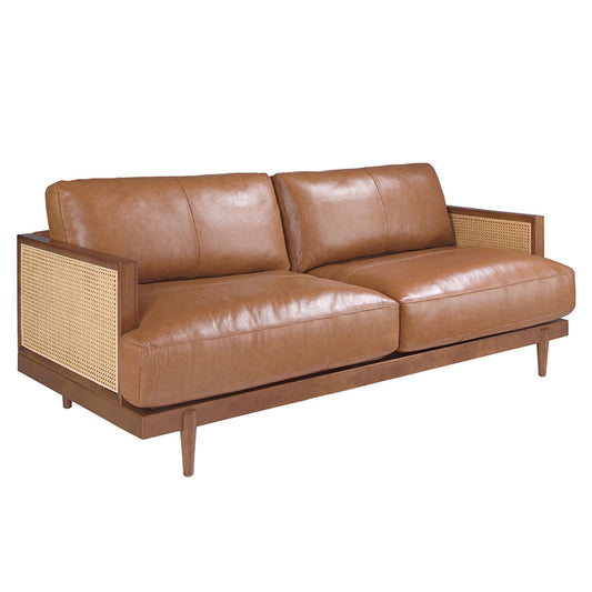 Barna színű marhabőrrel kárpitozott, rattanbetétes, 3 személyes design kanapé. 1000