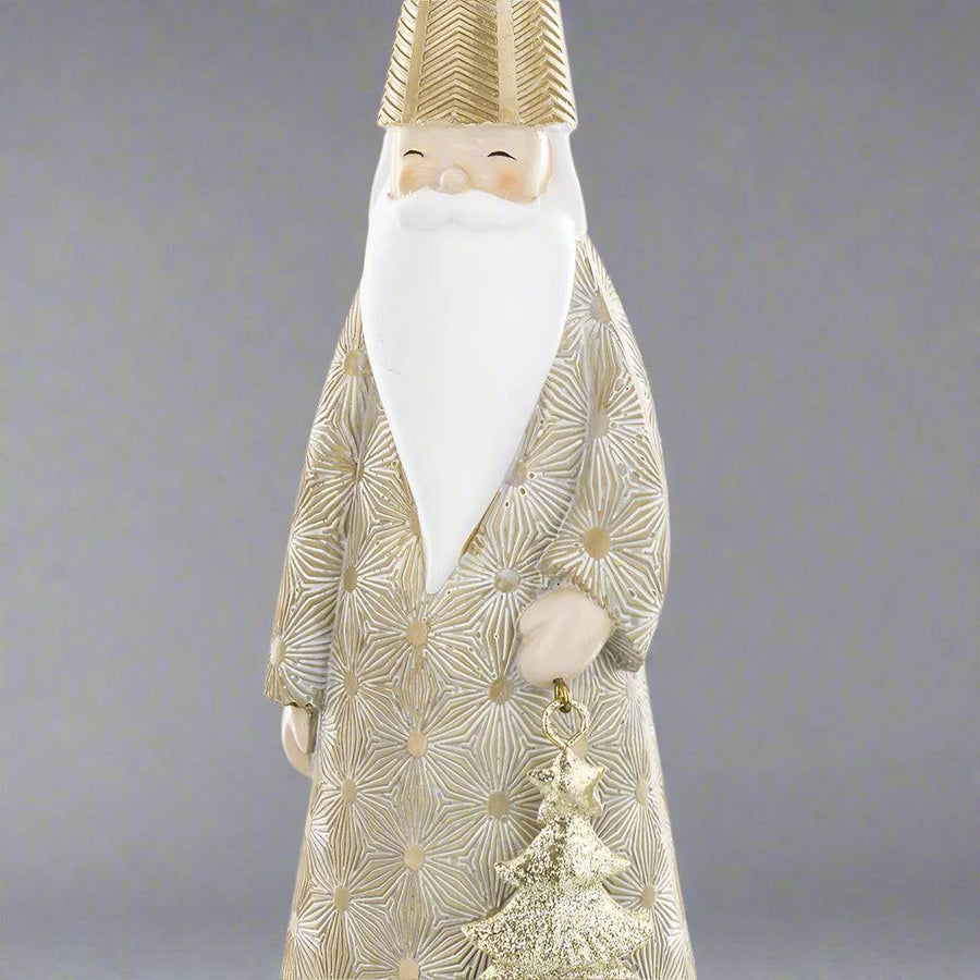 Arany színű Mikulás dekoráció karácsonyra, geometrikus mintás köpenyben.
