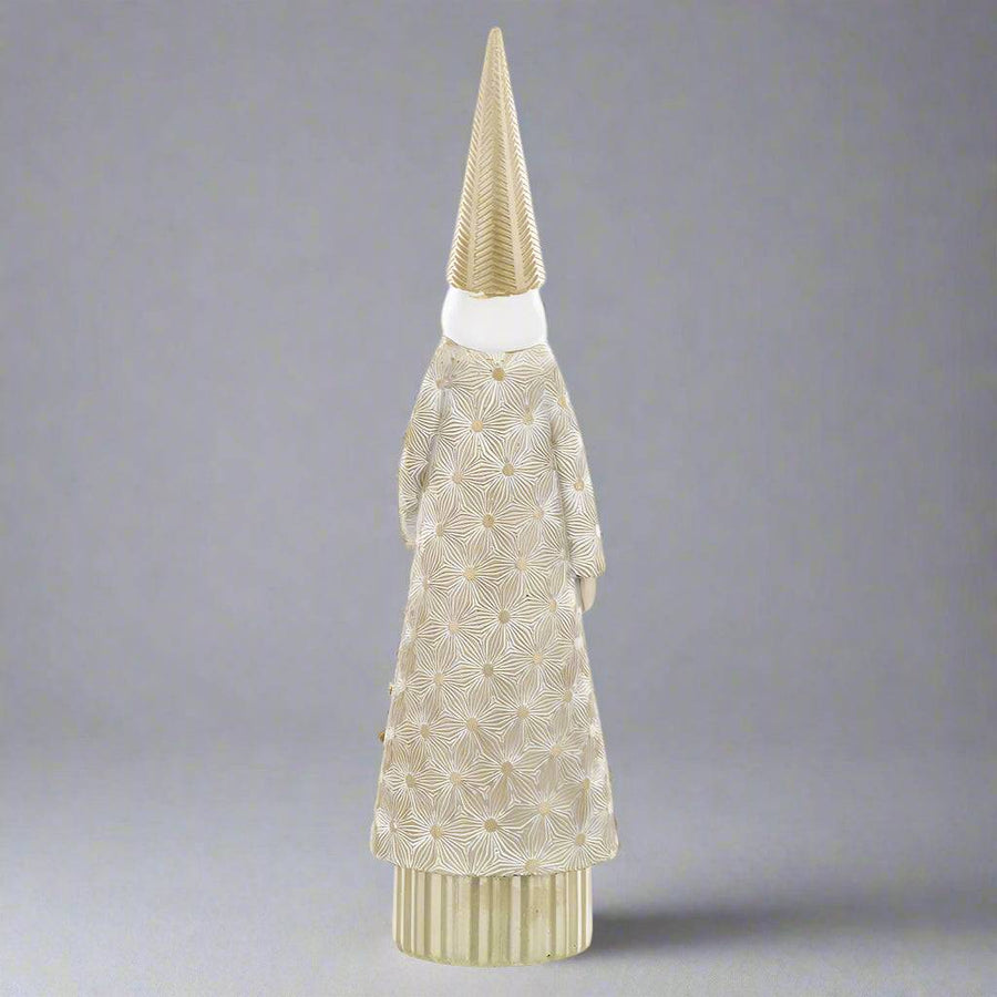 Modern karácsonyi dekoráció – 31 cm magas arany Mikulás figura ünnepi enteriőrbe.