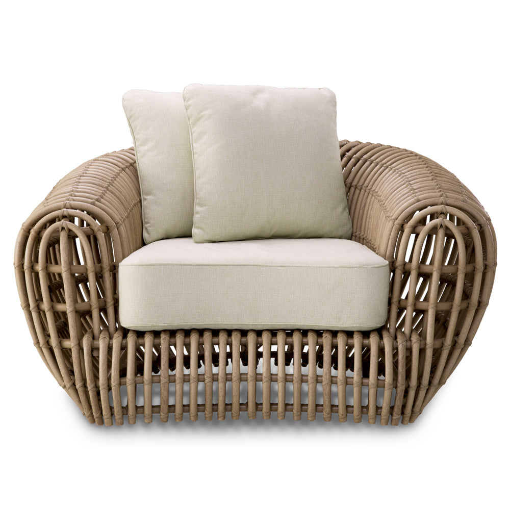 Siderno műrattan kerti fotel viola sand párnákkal – elölnézet